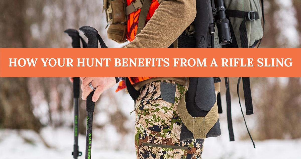 Hunter holding hiking poles in snowy woods with focus on the hunting pack and rifle sling and a text overlay that says 'How your hunt benefits from a rifle sling'